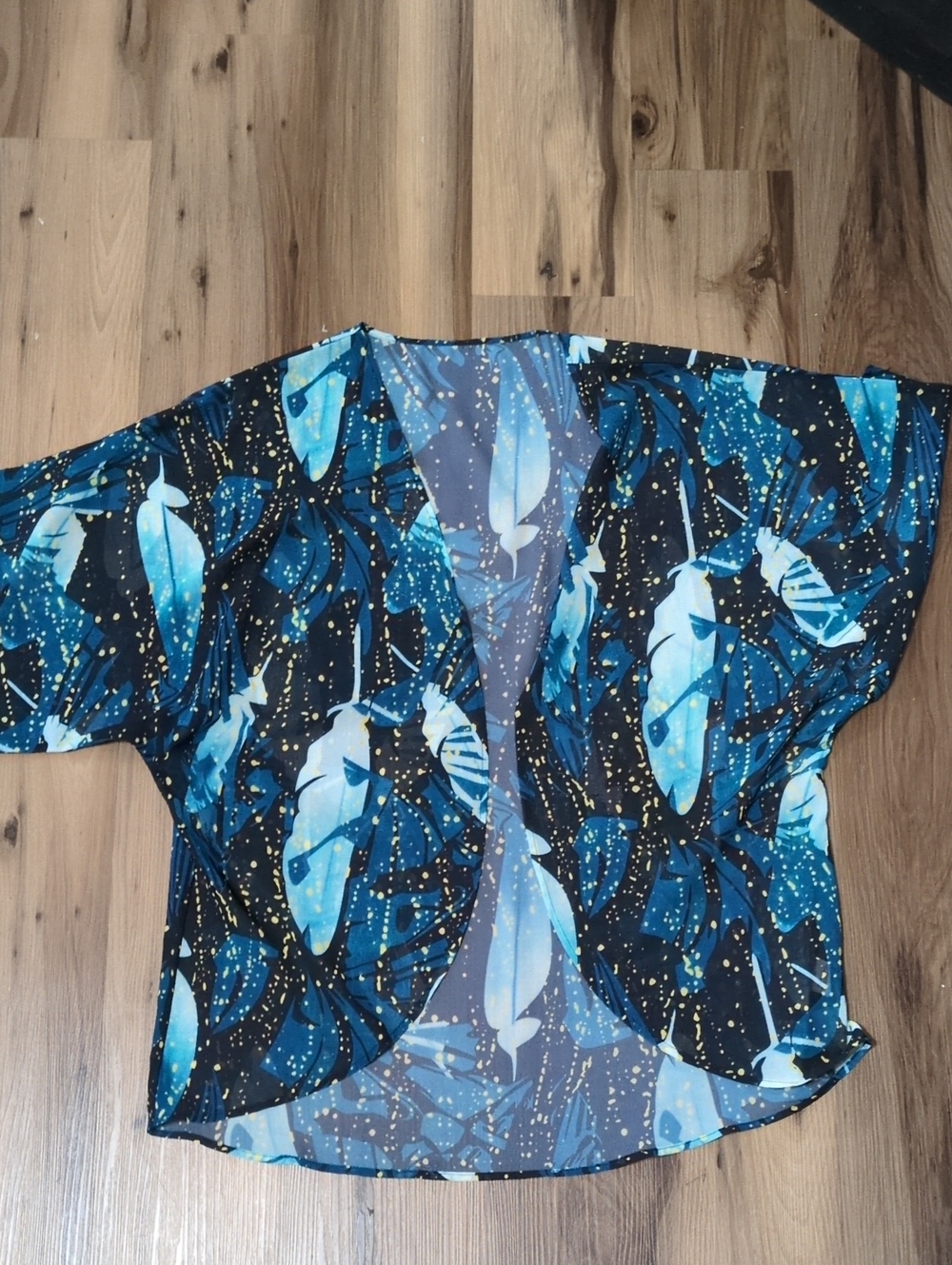 Sheer Blue Feather Print Firefly Kimono Cardigan